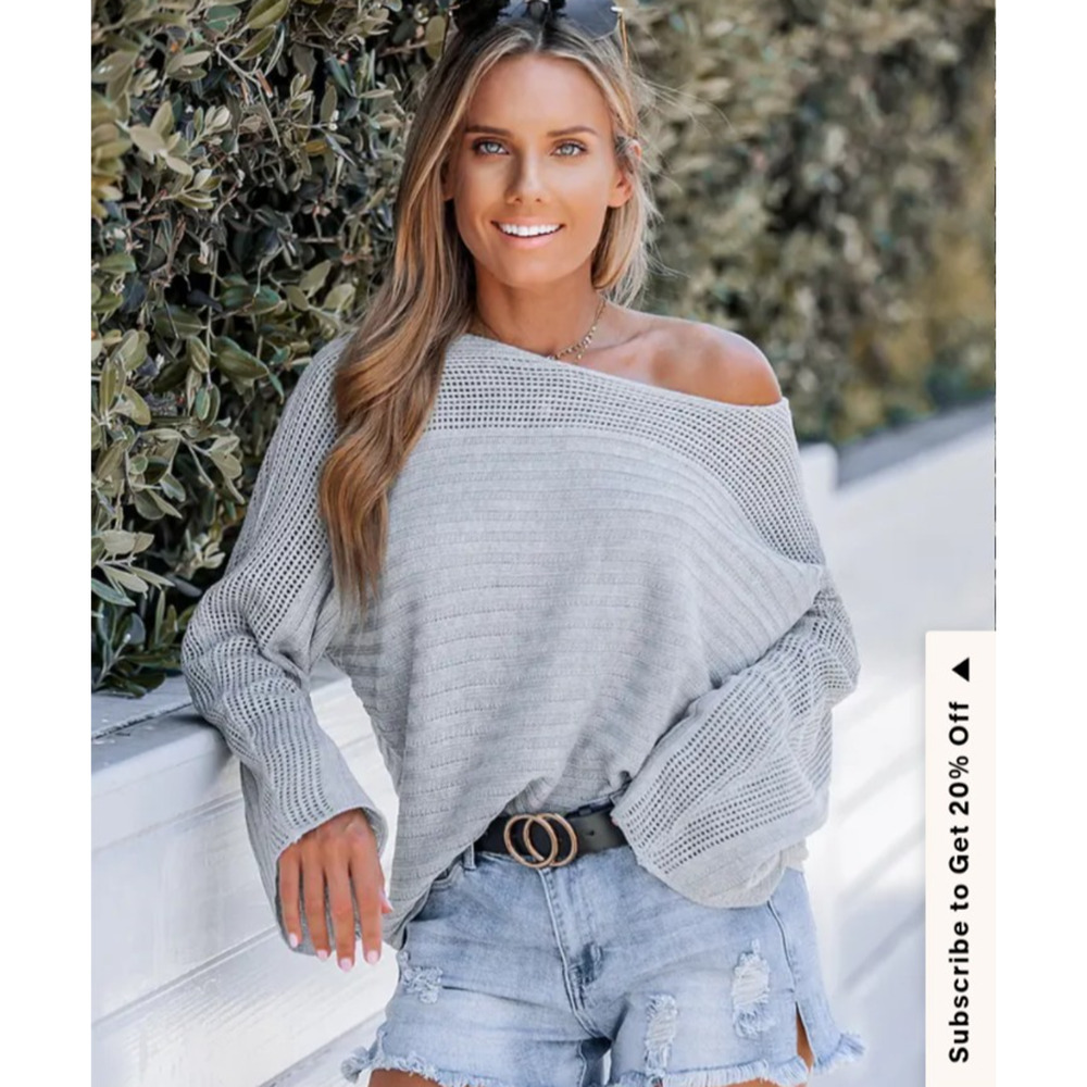 Womens Rib Cutout Oversized Pullover Sweater XL Gray Vacation Fashion Beach
